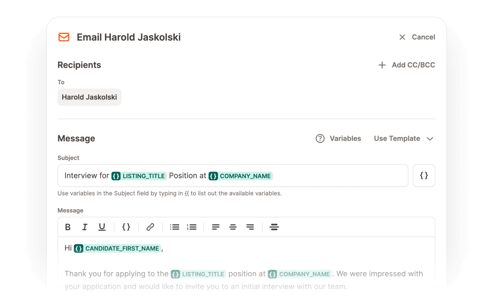 Compose email — template with auto-filled candidate variables