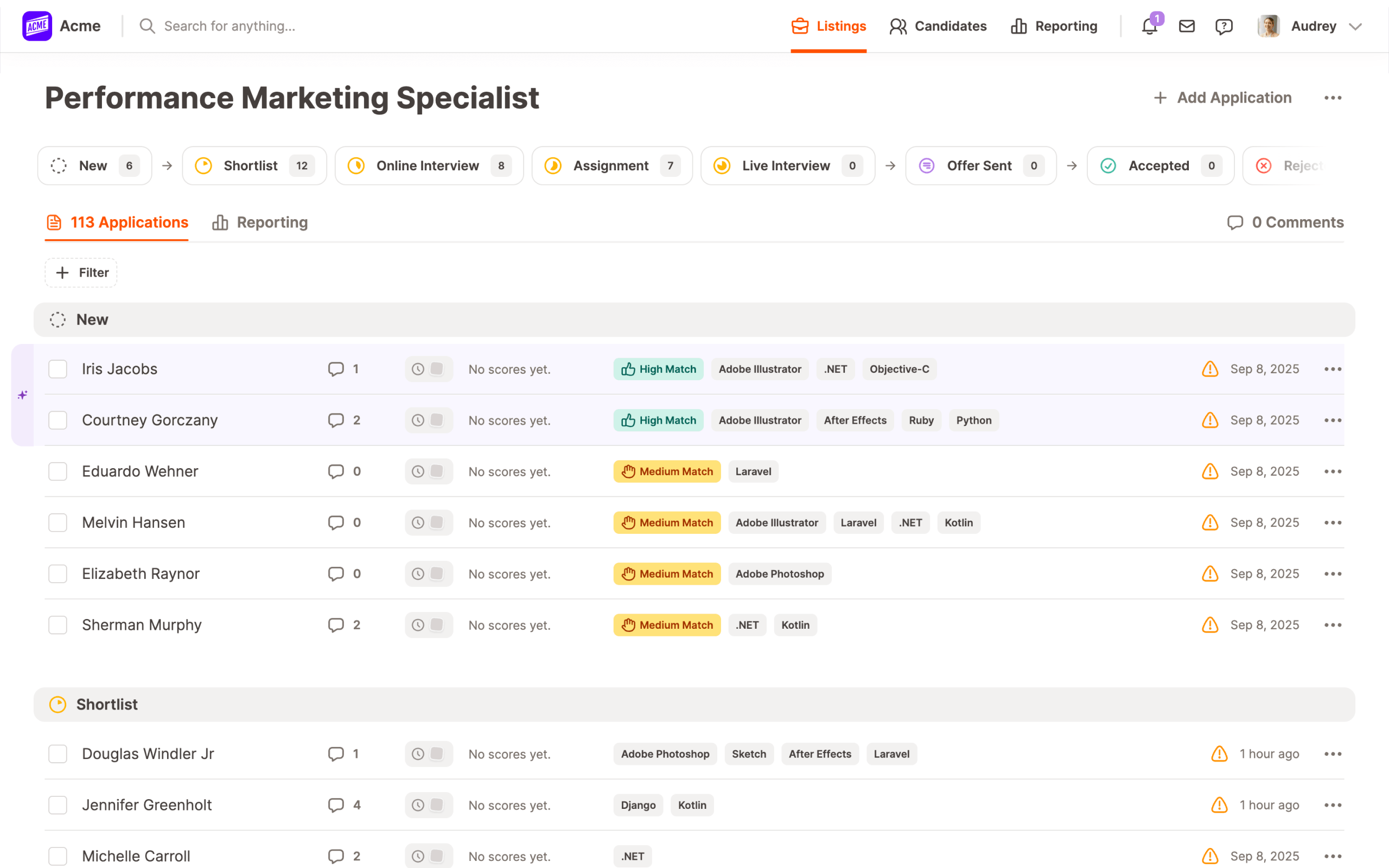 PontaHR's applicant tracking pipeline — candidates organized by hiring stage