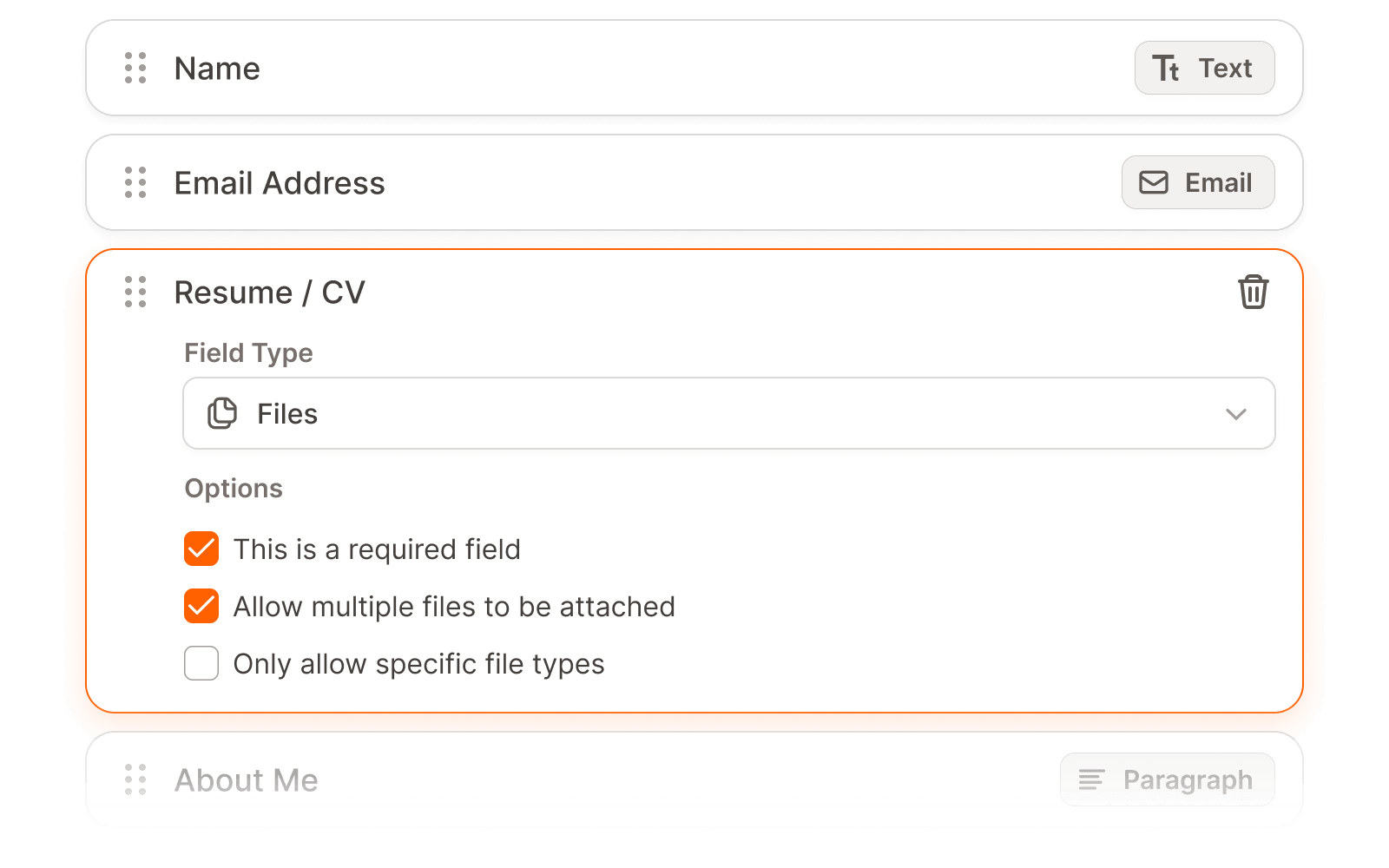 Application form builder — custom fields and question types