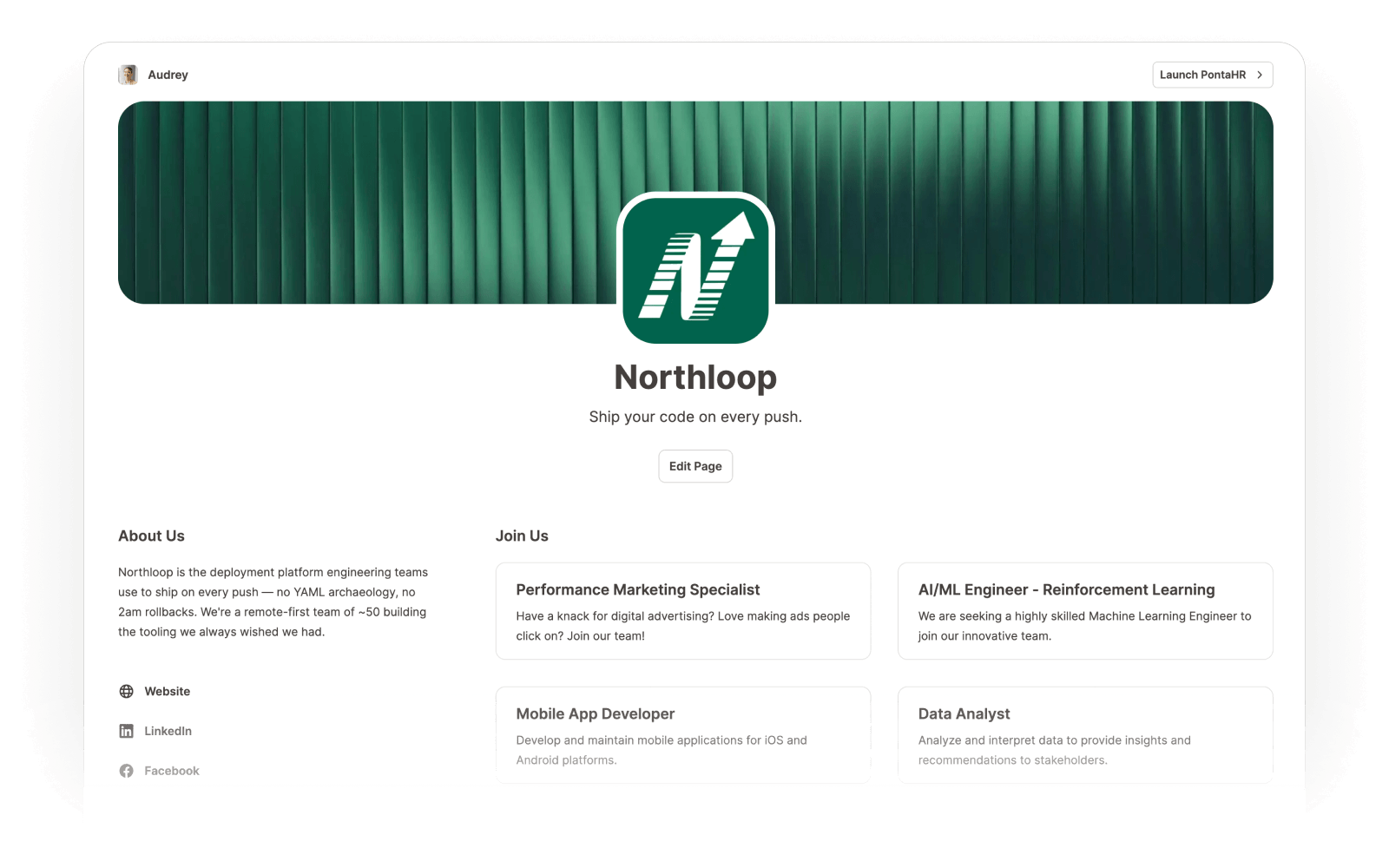Branded career page — company branding, open roles listed