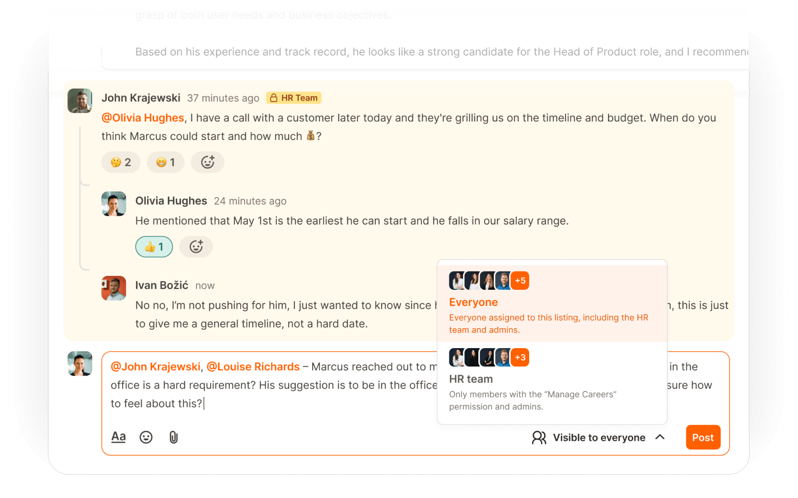 Candidate profile — team comments with @mentions