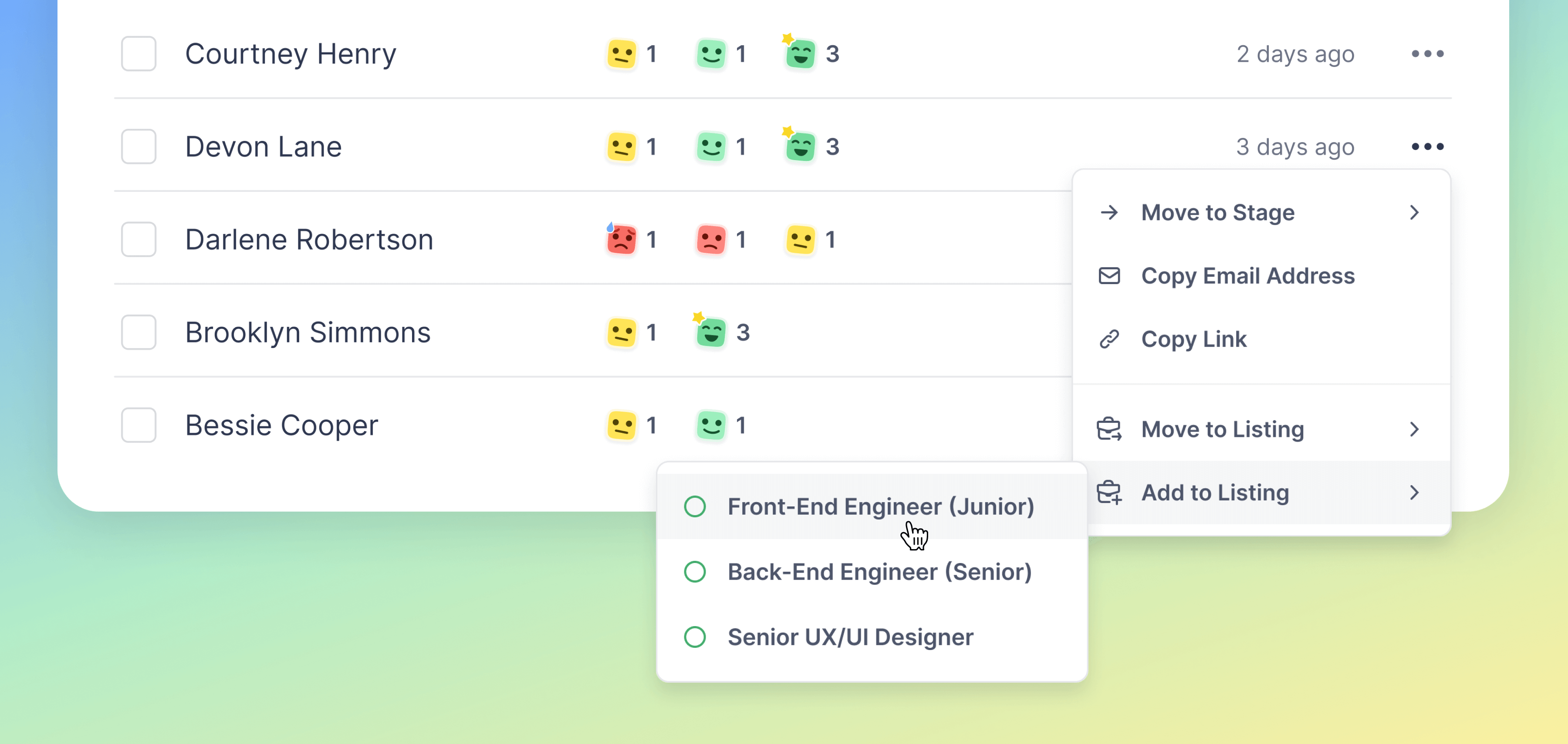 Add and move candidates to listings